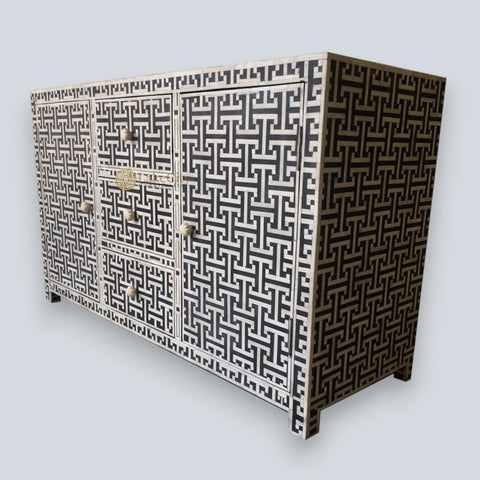 Buffet 3 tiroirs et 2 portes avec incrustations d'os Tic Tac Design, noir