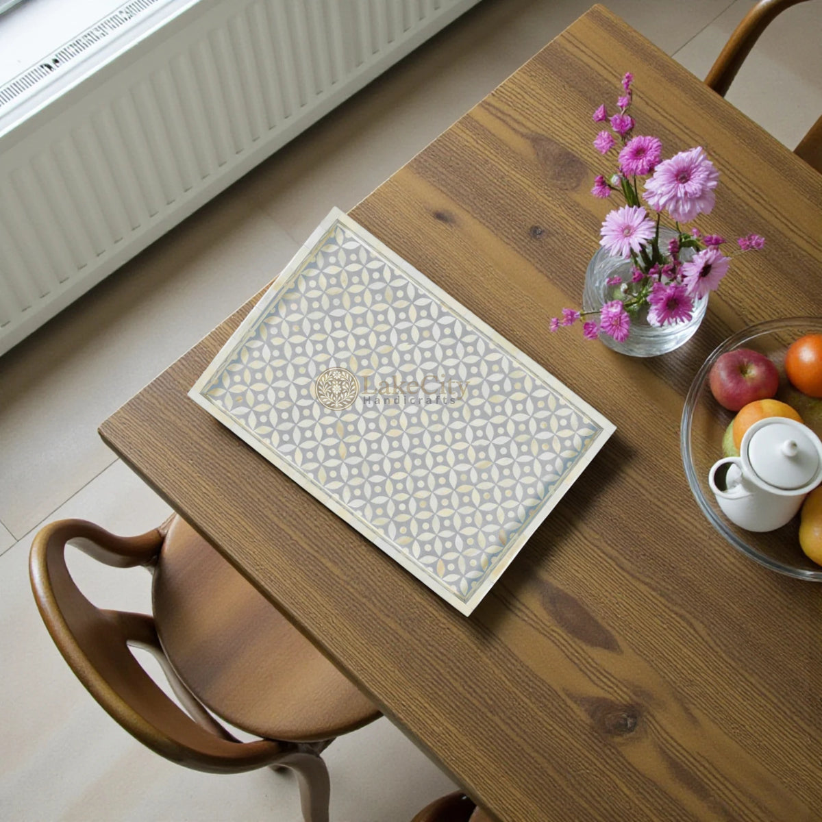 Bone Inlay Tray Geometric Design Grey