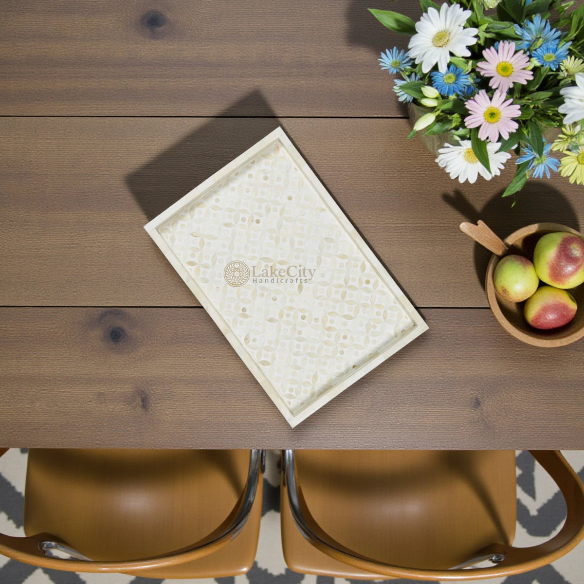 Bone Inlay Tray Geometric Design White