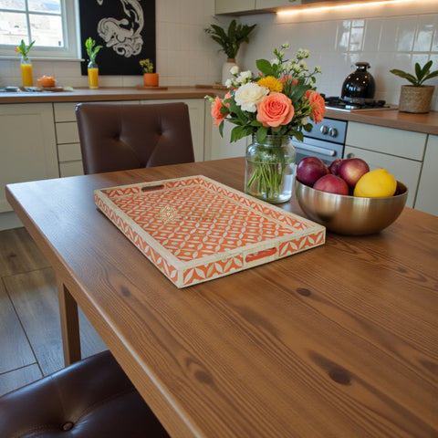 Bone Inlay Tray In Geometric Design Orange