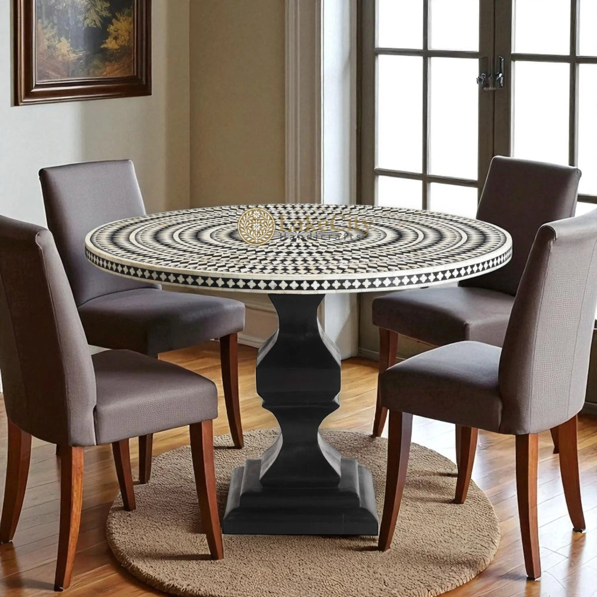 Bone Inlay Diamond Design Round Dining Table Black – Lakecity Handicrafts