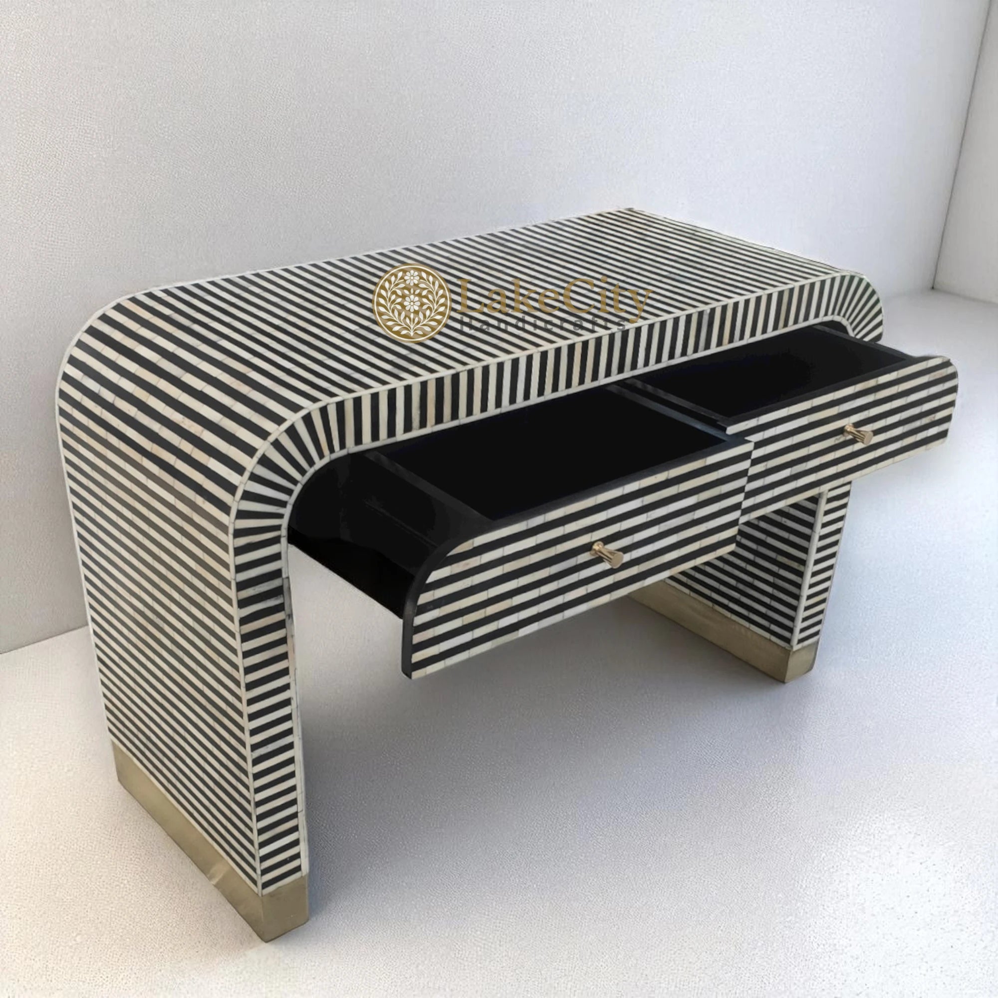 Bone Inlay Waterfall 2 Drawers Console Black