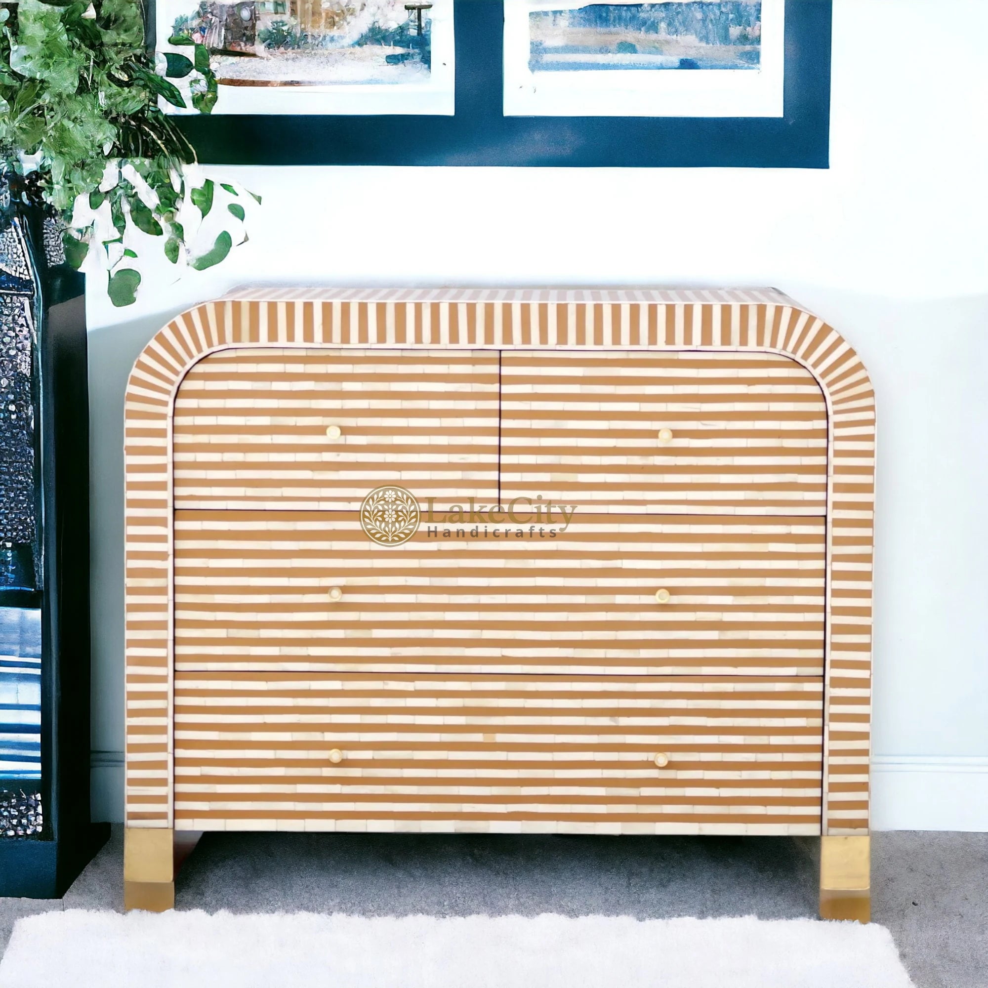 Bone Inlay Waterfall Stripe 4 Drawers Dresser Table | Bone Inlay Waterfall Stripe 4 Drawers Chest