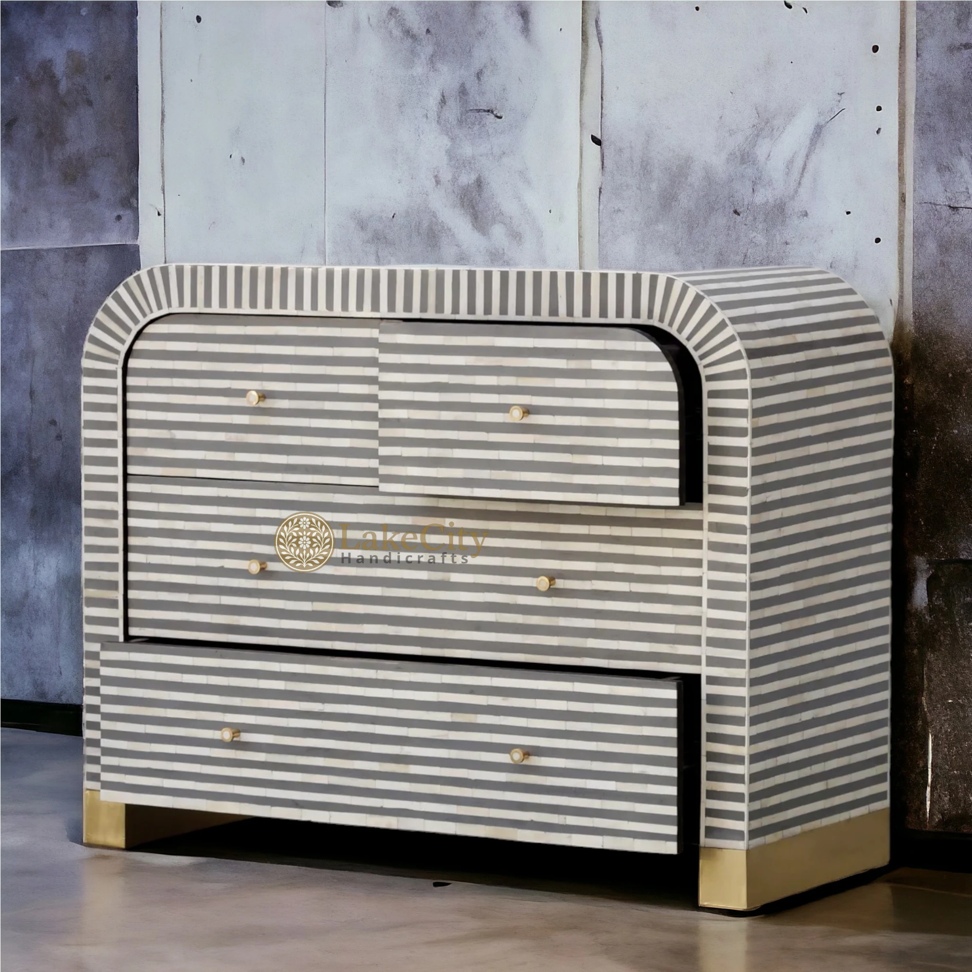 Bone Inlay Waterfall Stripe 4 Drawers Dresser Table | Bone Inlay Waterfall Stripe 4 Drawers Chest