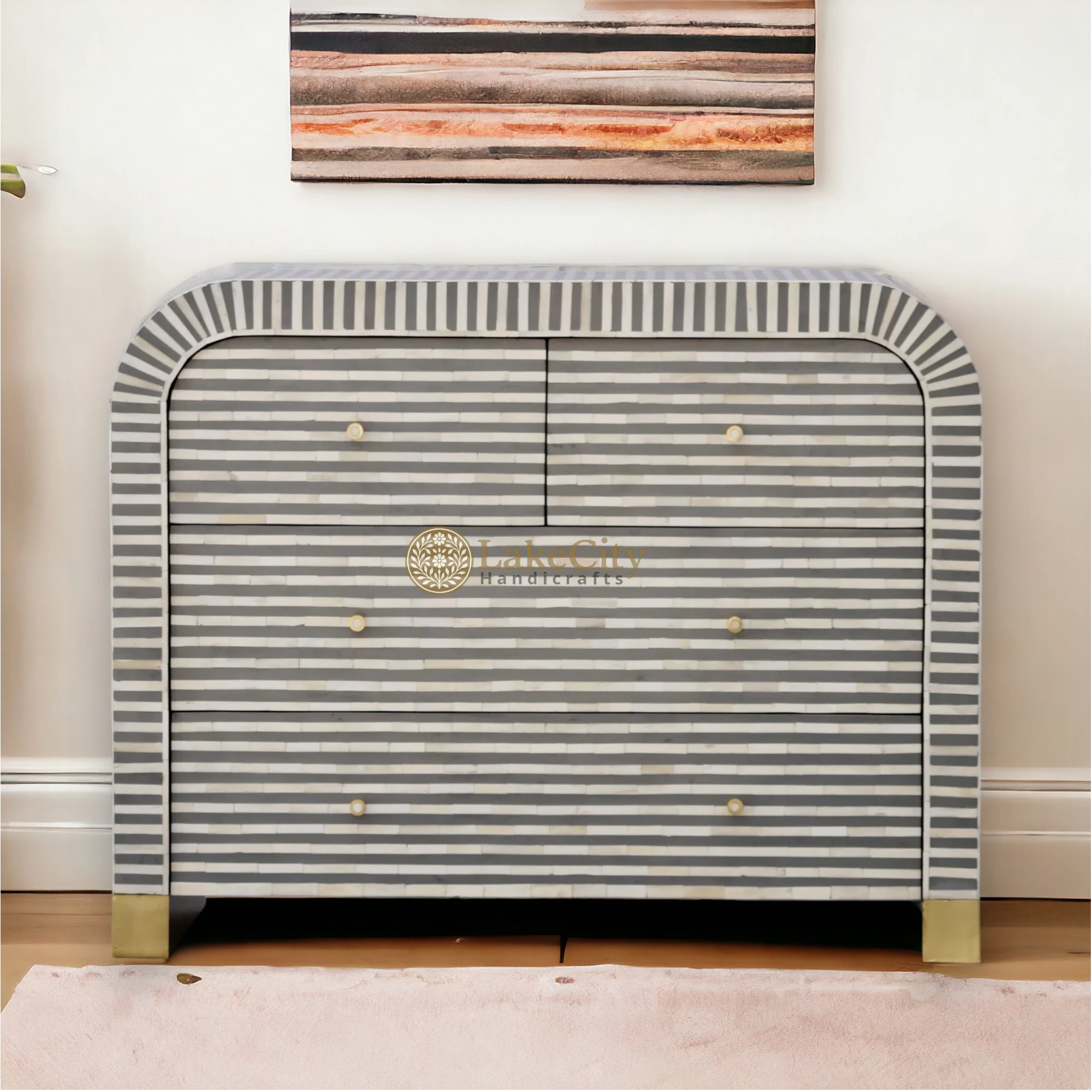 Bone Inlay Waterfall Stripe 4 Drawers Dresser Table | Bone Inlay Waterfall Stripe 4 Drawers Chest