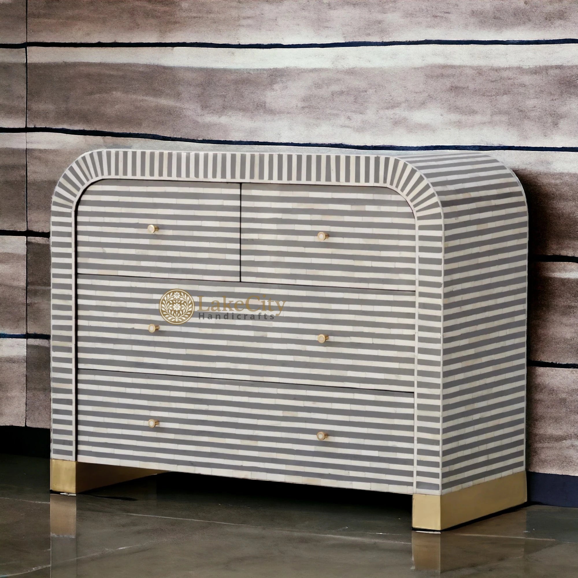 Bone Inlay Waterfall Stripe 4 Drawers Dresser Table | Bone Inlay Waterfall Stripe 4 Drawers Chest