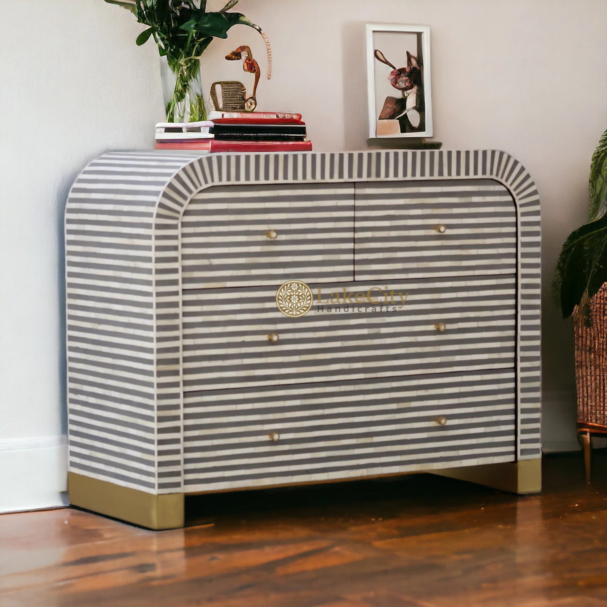 Bone Inlay Waterfall Stripe 4 Drawers Dresser Table | Bone Inlay Waterfall Stripe 4 Drawers Chest