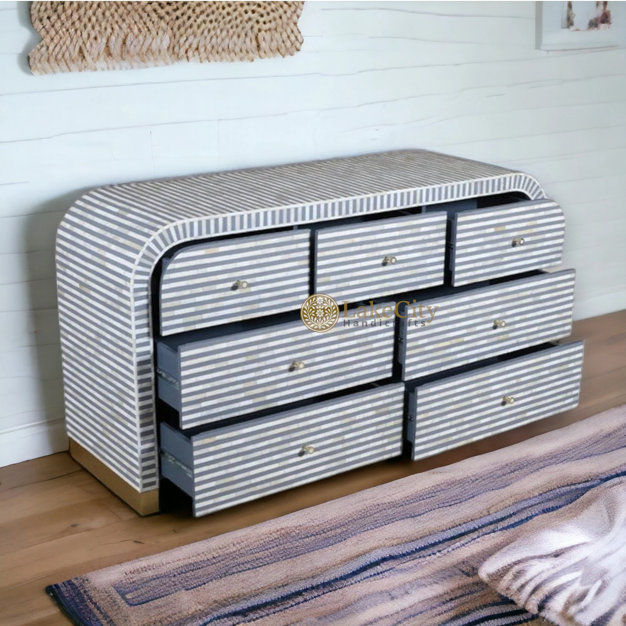 Bone Inlay Waterfall Stripe 7 Drawers Chest | Bone Inlay Waterfall Stripe 7 Drawers Dresser Table