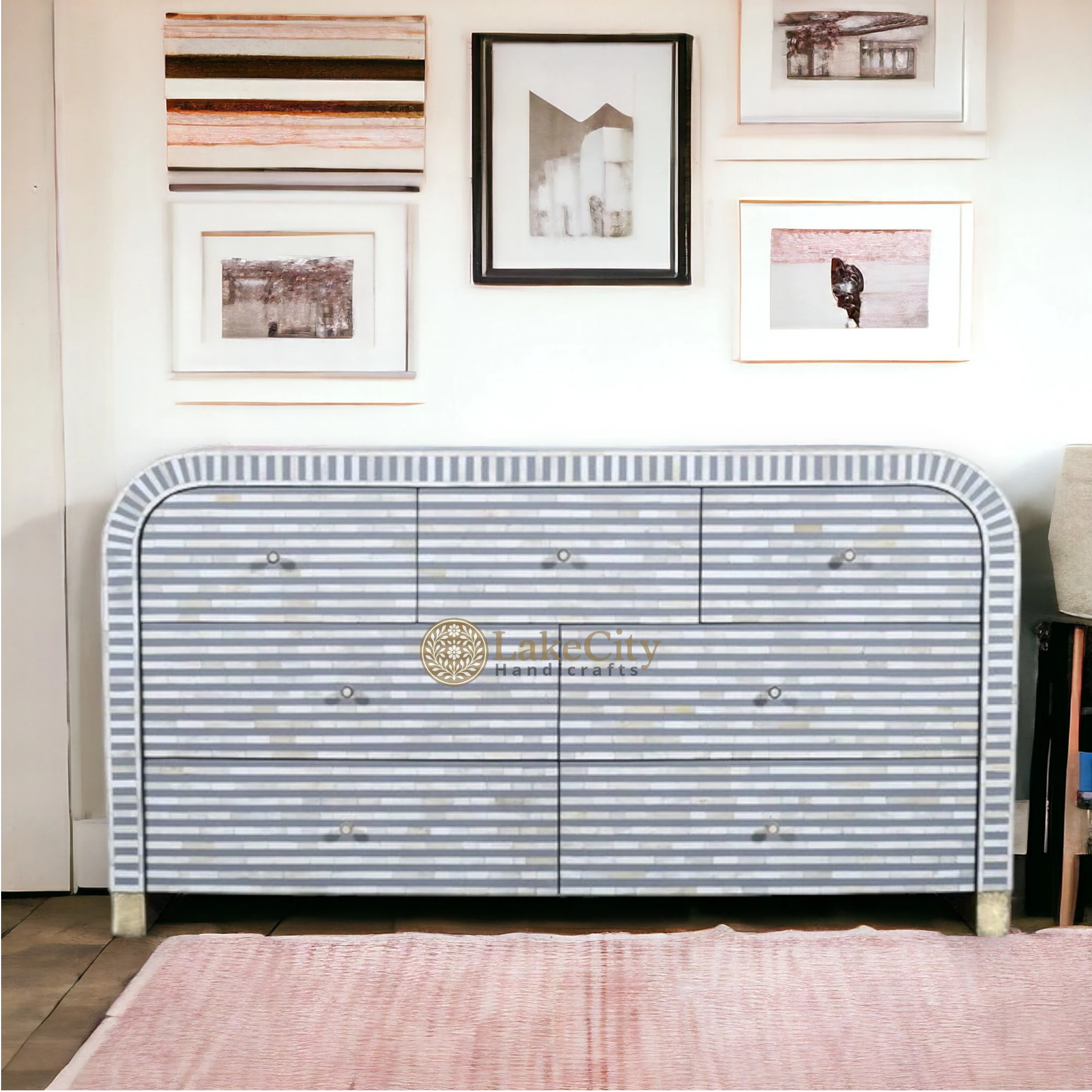 Bone Inlay Waterfall Stripe 7 Drawers Chest | Bone Inlay Waterfall Stripe 7 Drawers Dresser Table