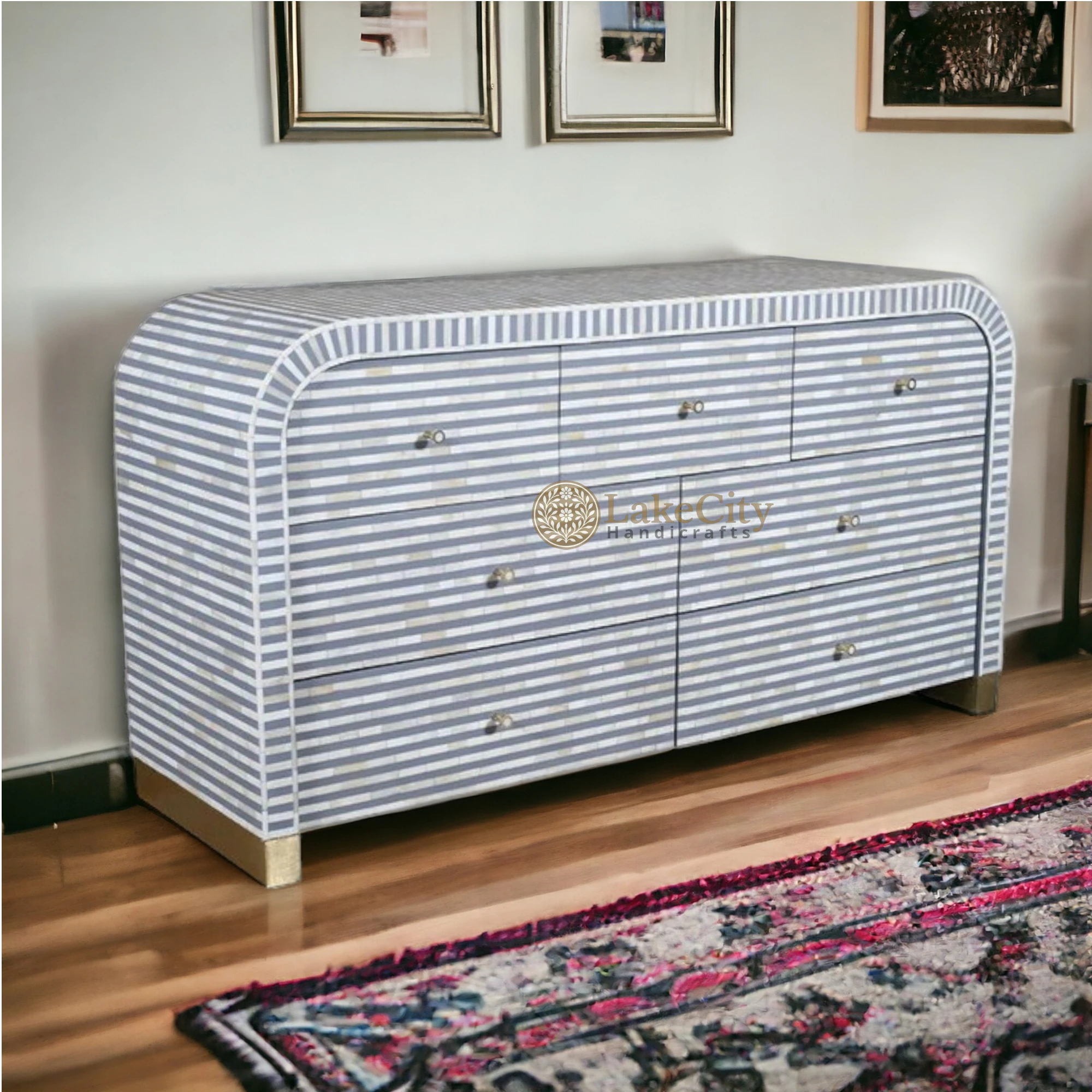 Bone Inlay Waterfall Stripe 7 Drawers Chest | Bone Inlay Waterfall Stripe 7 Drawers Dresser Table