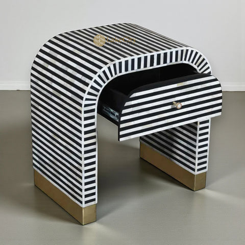 Bone Inlay Waterfall Stripe Bedside Table Black | Bone Inlay Waterfall Stripe Nightstand Table