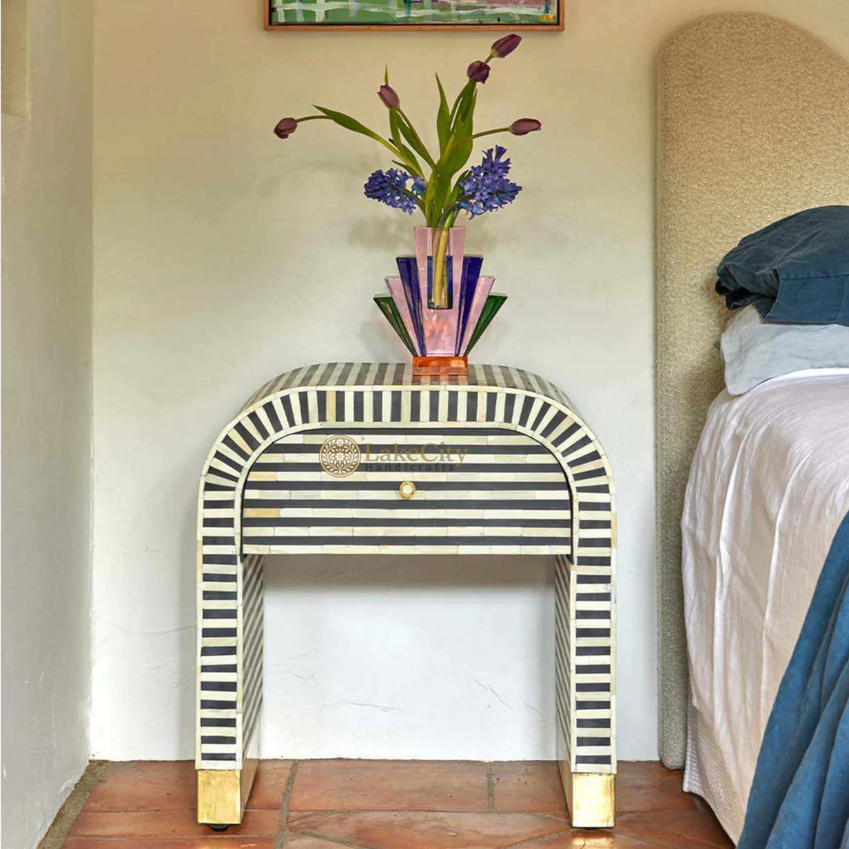 Bone Inlay Waterfall Stripe Bedside Table Black | Bone Inlay Waterfall Stripe Nightstand Table