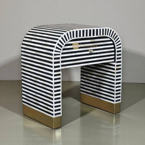 Bone Inlay Waterfall Stripe Bedside Table Black | Bone Inlay Waterfall Stripe Nightstand Table