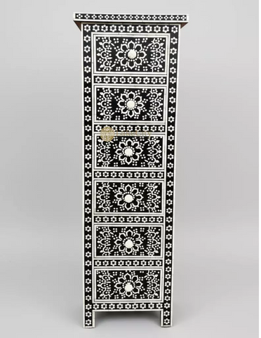 Bone Inlay Zahra 6 Drawer Tallboy Chest Black