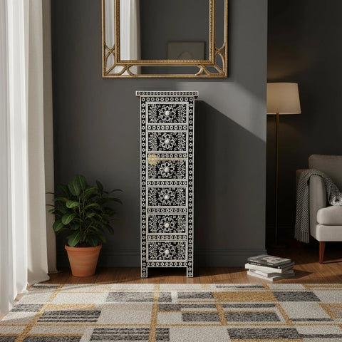 Bone Inlay Zahra 6 Drawer Tallboy Chest Black