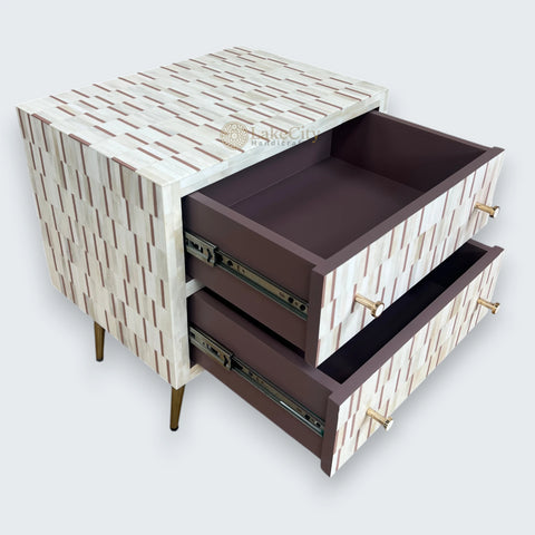 Bone Inlay Zarina Stripe Design Bedside Table Brown