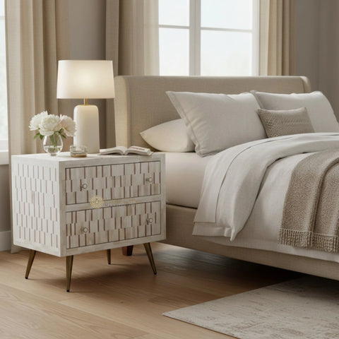 Bone Inlay Zarina Stripe Design Bedside Table Brown