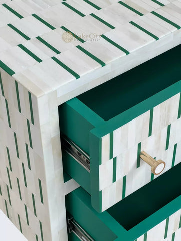 Bone Inlay Zarina Stripe Design Bedside Table Green