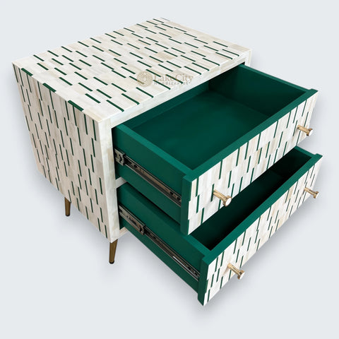 Bone Inlay Zarina Stripe Design Bedside Table Green