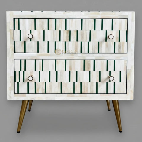 Bone Inlay Zarina Stripe Design Bedside Table Green