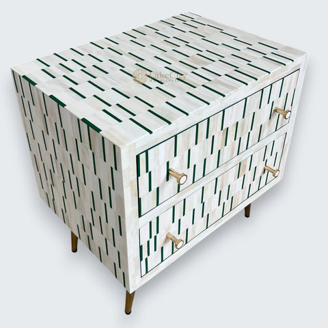 Bone Inlay Zarina Stripe Design Bedside Table Green