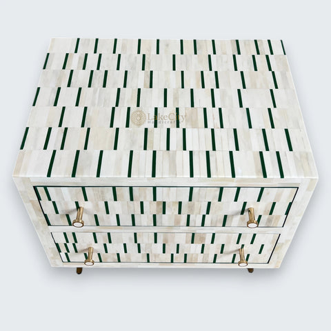 Bone Inlay Zarina Stripe Design Bedside Table Green