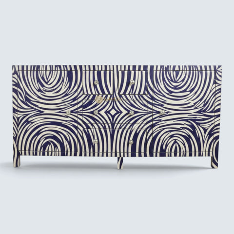 Bone Inlay Zebra Design 2 Doors & 4 Drawers Buffet Table Indigo Blue