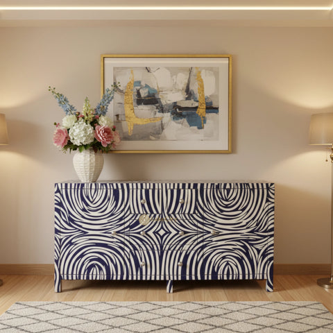 Bone Inlay Zebra Design 2 Doors & 4 Drawers Buffet Table Indigo Blue