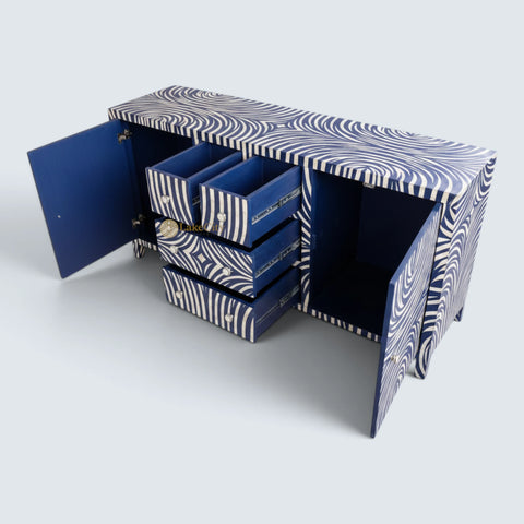 Bone Inlay Zebra Design 2 Doors & 4 Drawers Buffet Table Indigo Blue