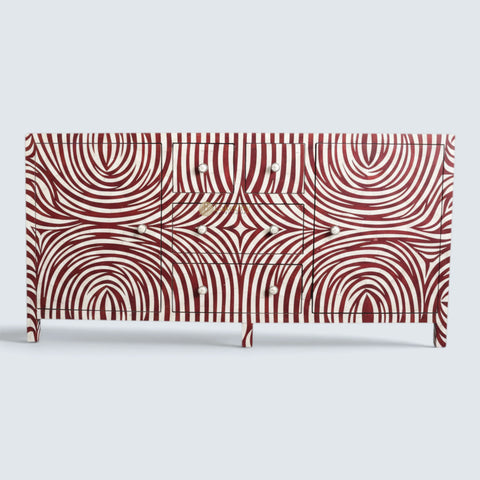 Bone Inlay Zebra Design 2 Doors & 4 Drawers Buffet Table Red