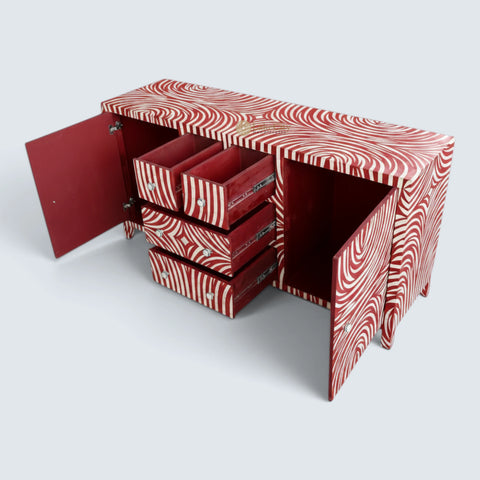 Bone Inlay Zebra Design 2 Doors & 4 Drawers Buffet Table Red
