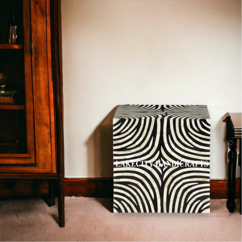 Bone Inlay Zebra Design Side End Table Black