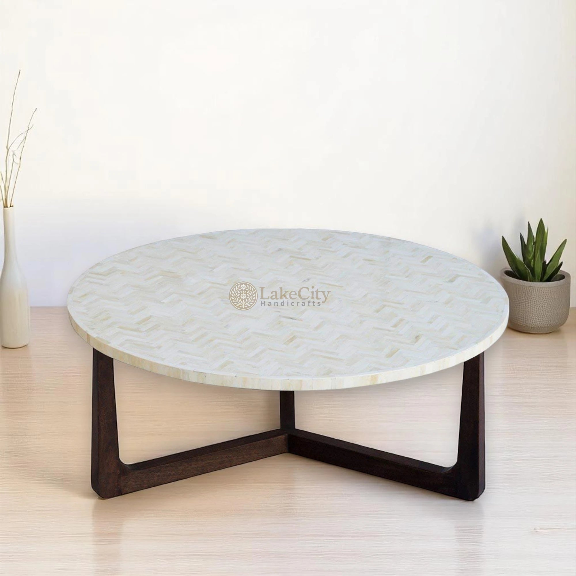 Bone Inlay Chevron Design Top Center Table With Polish Base