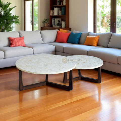 Bone Inlay Chevron Design Top Center Table With Polish Base