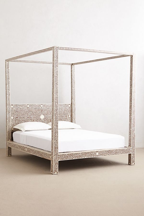 Bone Inlay Floral Design Four Poster Bed with Multi Color