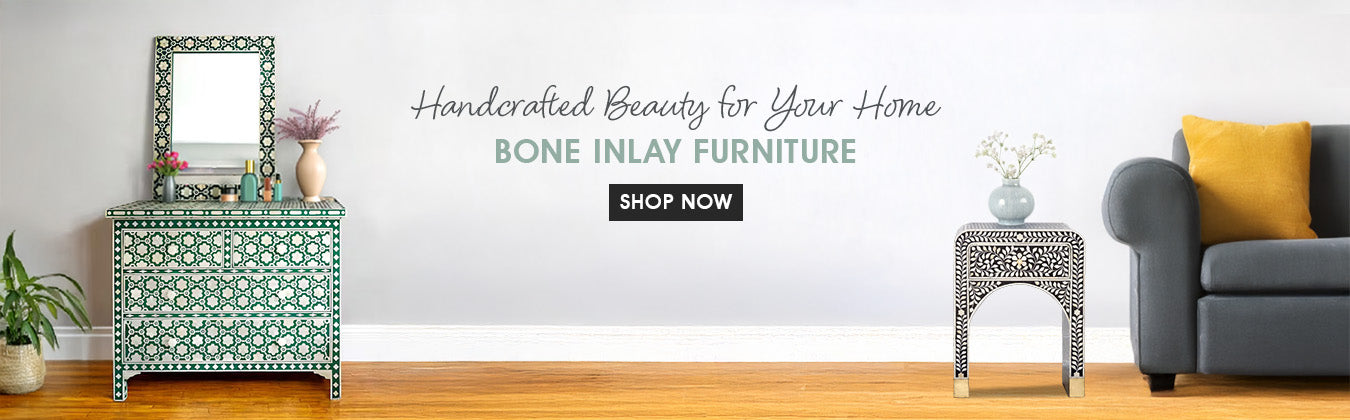 Furniture with bone inlay design in a home setting, featuring a cabinet, table, and sofa.