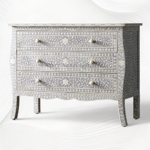 Bone Inlay Curved 3 Drawer Floral Dresser Grey 2