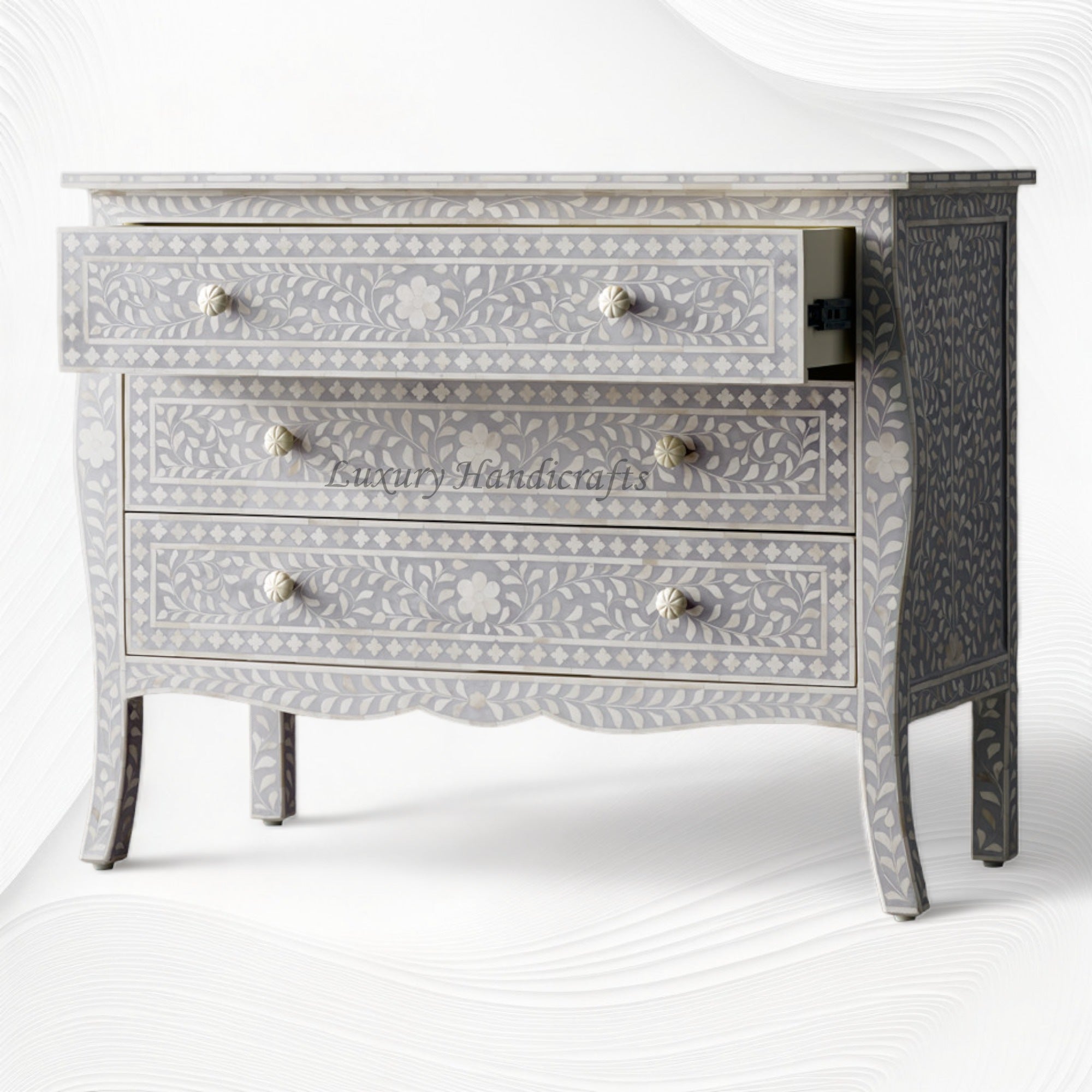 Bone Inlay Curved 3 Drawer Floral Dresser Grey 3