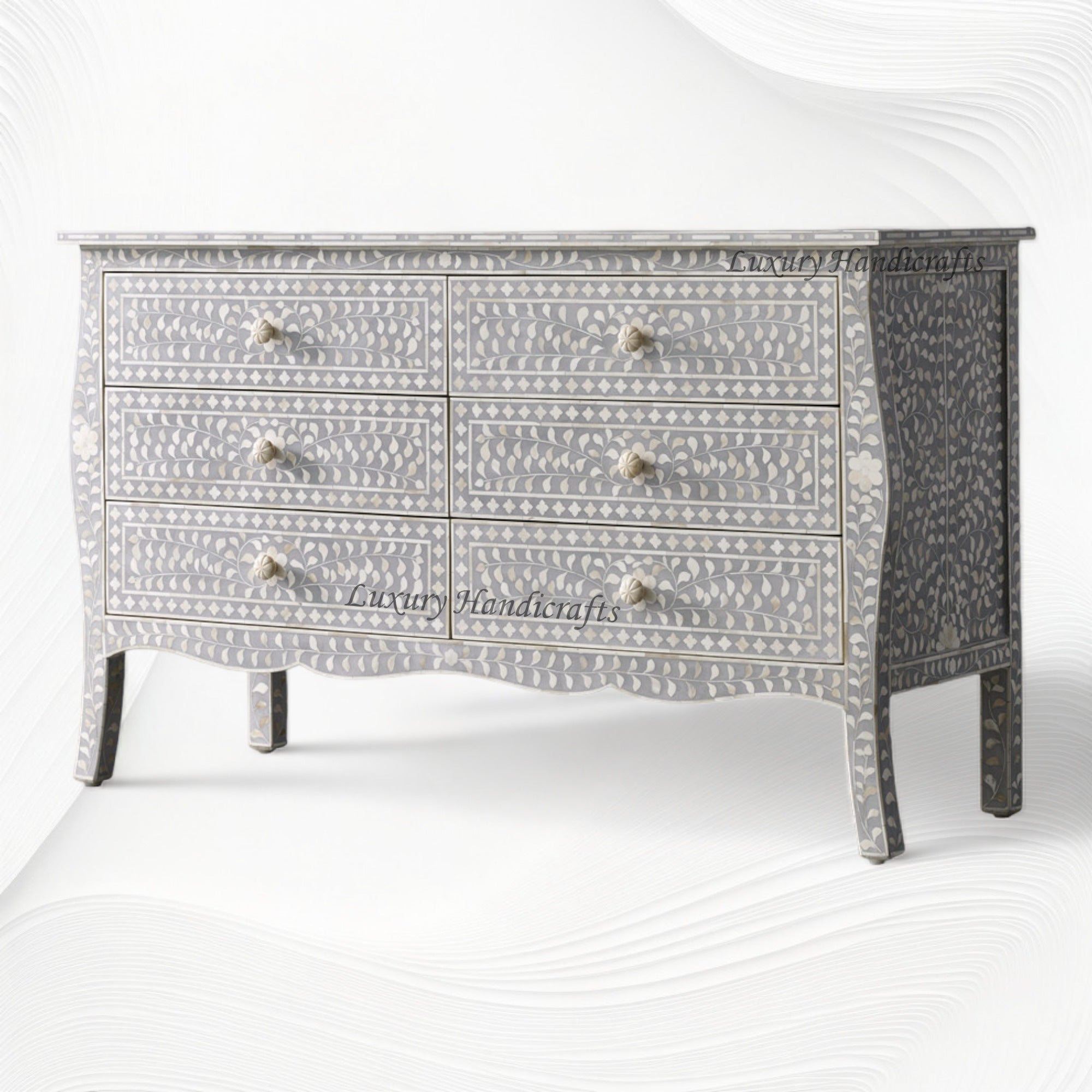 Bone Inlay Curved 6 Drawer Floral Dresser Grey with Topper 6