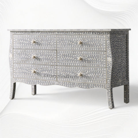 Bone Inlay Curved 6 Drawer Floral Dresser Grey with Topper 6