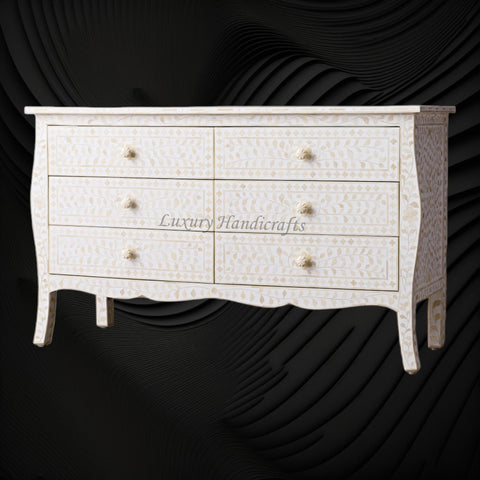 Bone Inlay Curved 6 Drawer Floral Dresser White 2