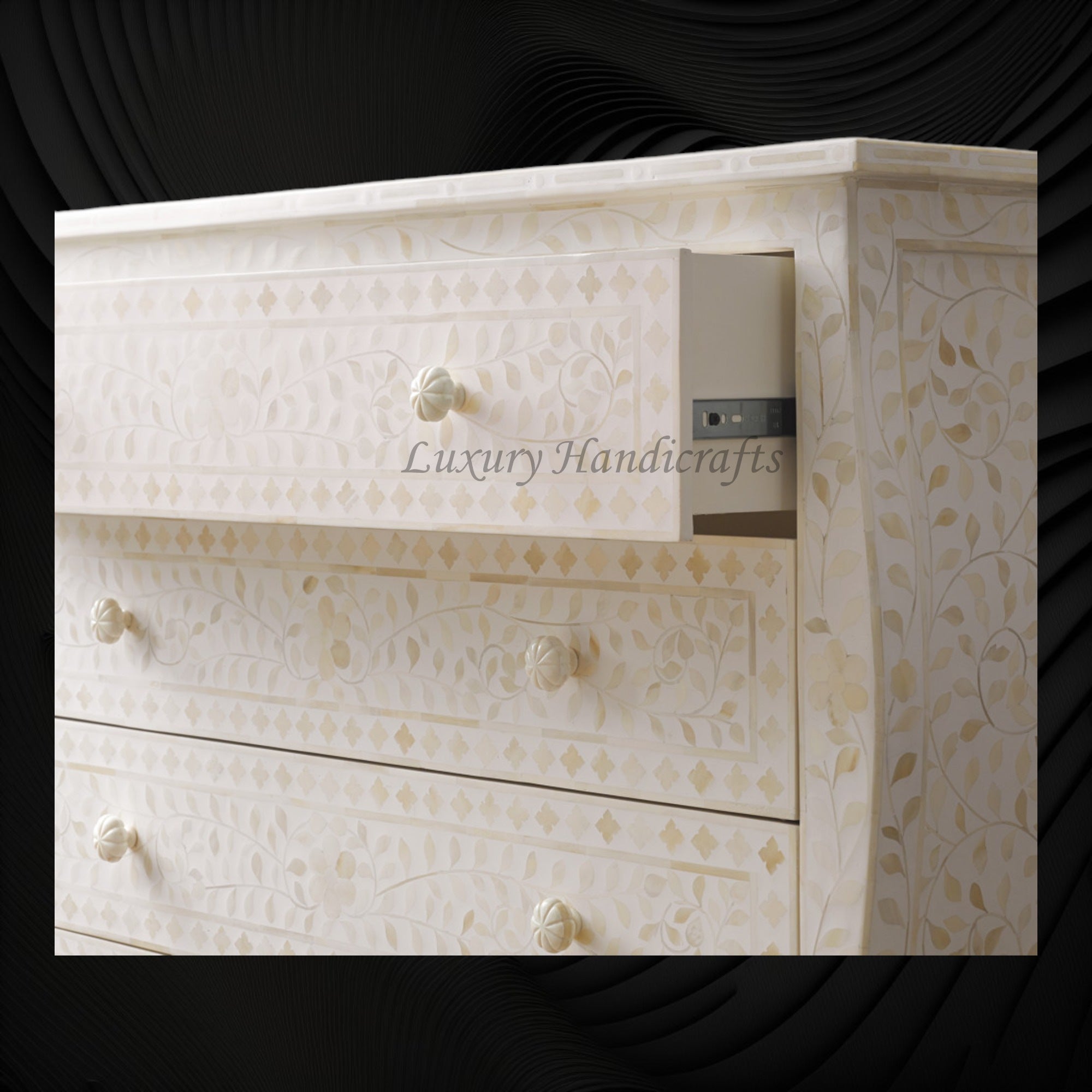 Bone Inlay Curved 6 Drawer Floral Dresser White 3