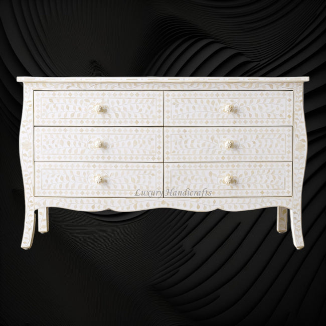 Bone Inlay Curved 6 Drawer Floral Dresser White 1