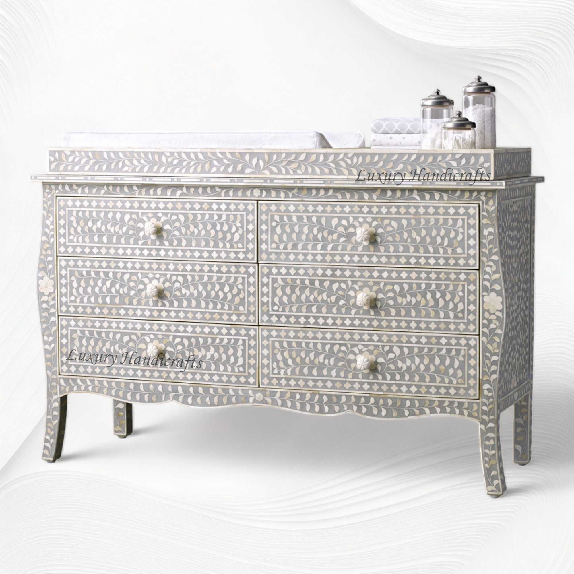 Bone Inlay Curved 6 Drawer Floral Dresser Grey with Topper 2