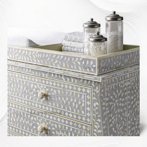 Bone Inlay Curved 6 Drawer Floral Dresser Grey with Topper 4