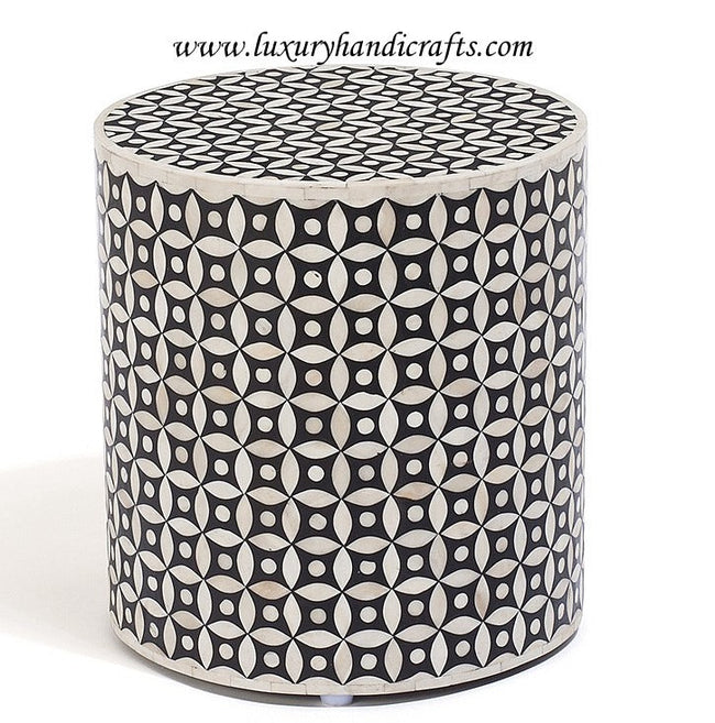 Black Bone Inlay Round Stool Geometric Design 1