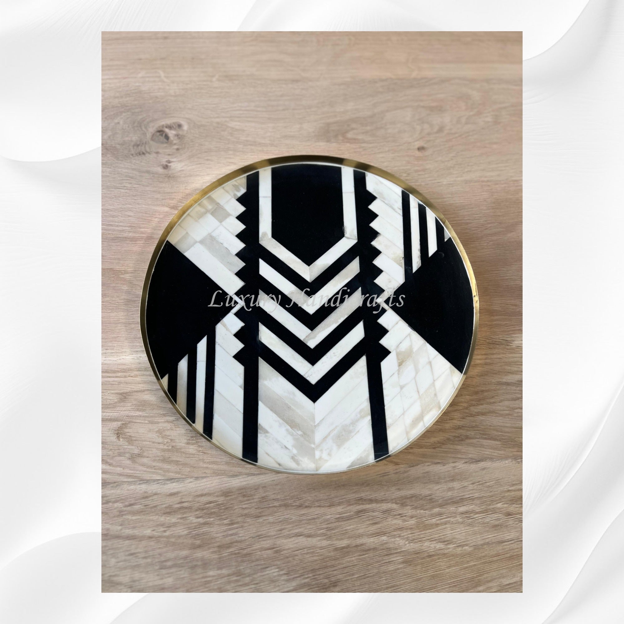 Brass and Bone Inlay Geometric Tray Black 1