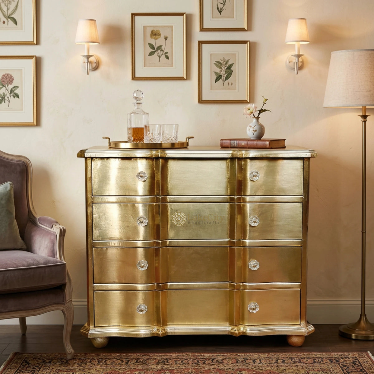 Brass Inlay 4 Drawers Of Chest