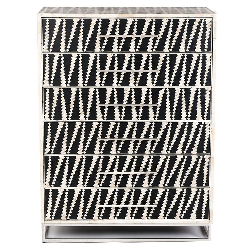 Malawi Bone Inlay 6 Drawer Tallboy Black White 3