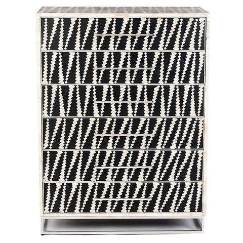 Malawi Bone Inlay 6 Drawer Tallboy Black White 3